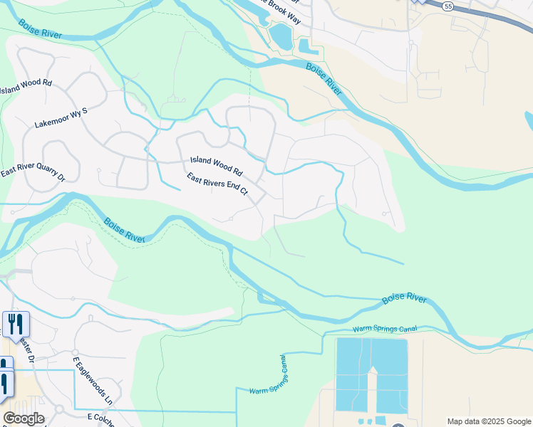 map of restaurants, bars, coffee shops, grocery stores, and more near 1512 East Rivers End Court in Eagle