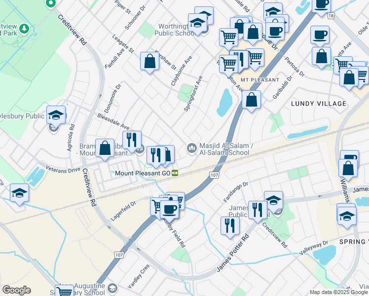 map of restaurants, bars, coffee shops, grocery stores, and more near 11 Poppythorn Road in Brampton