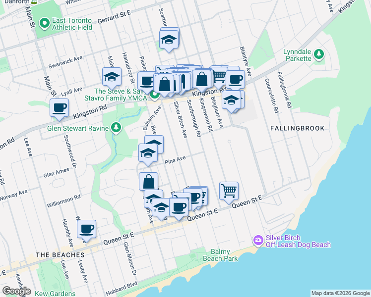 map of restaurants, bars, coffee shops, grocery stores, and more near 202 Silver Birch Avenue in Toronto