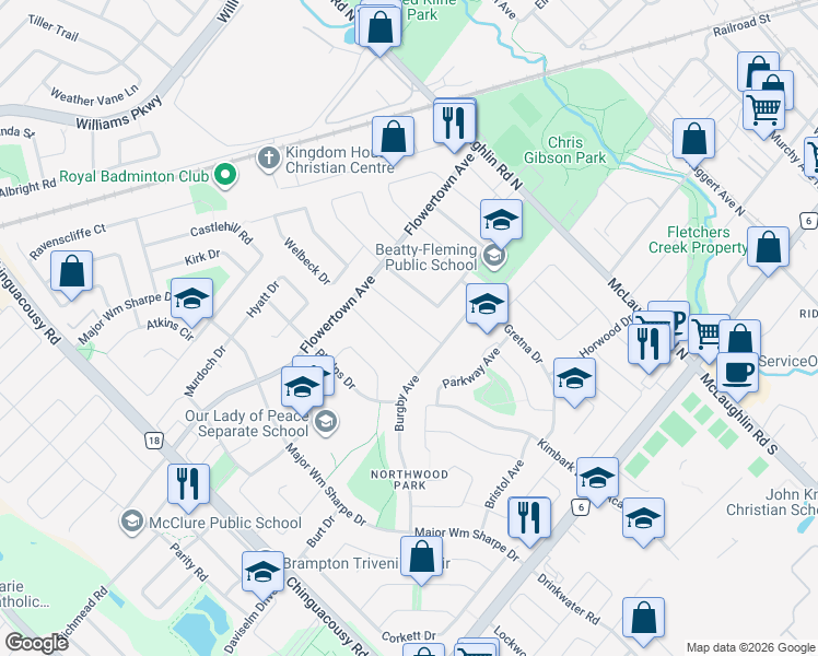 map of restaurants, bars, coffee shops, grocery stores, and more near 11 Coniston Avenue in Brampton