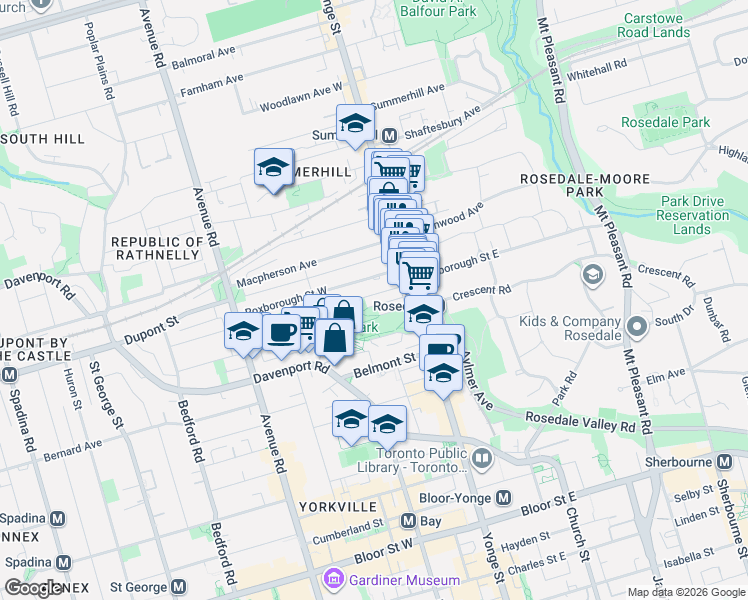 map of restaurants, bars, coffee shops, grocery stores, and more near 38 Gibson Avenue in Toronto
