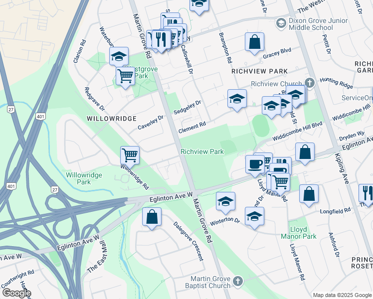 map of restaurants, bars, coffee shops, grocery stores, and more near 555 Martin Grove Road in Toronto