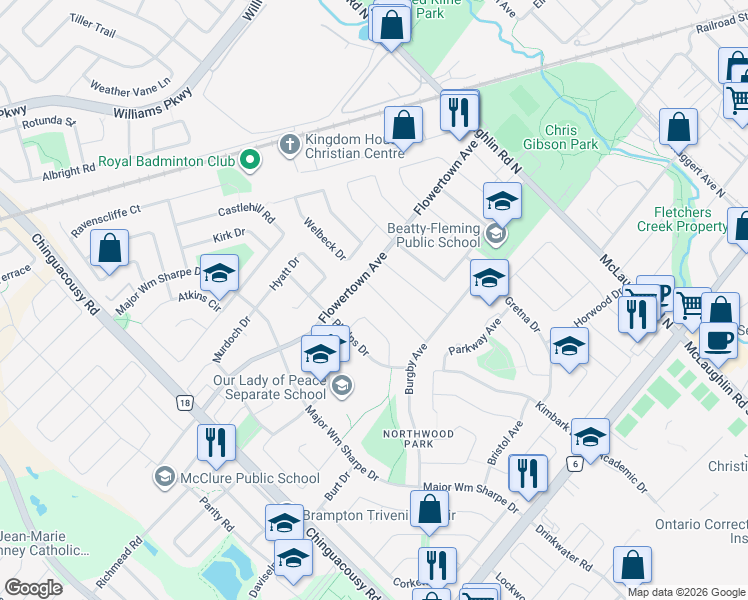 map of restaurants, bars, coffee shops, grocery stores, and more near 45 Grange Drive in Brampton