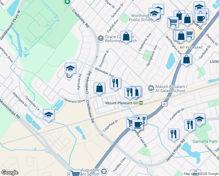map of restaurants, bars, coffee shops, grocery stores, and more near 102 Lathbury Street in Brampton