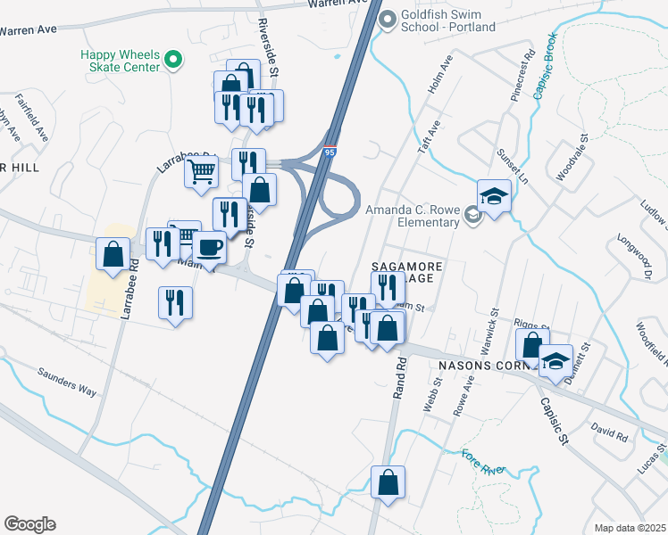 map of restaurants, bars, coffee shops, grocery stores, and more near 1125 Brighton Avenue in Portland