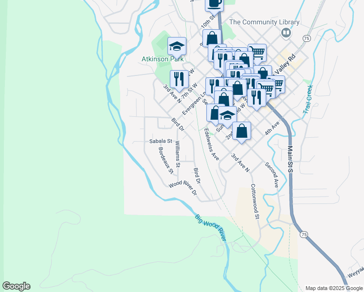 map of restaurants, bars, coffee shops, grocery stores, and more near 222 Bird Drive in Ketchum