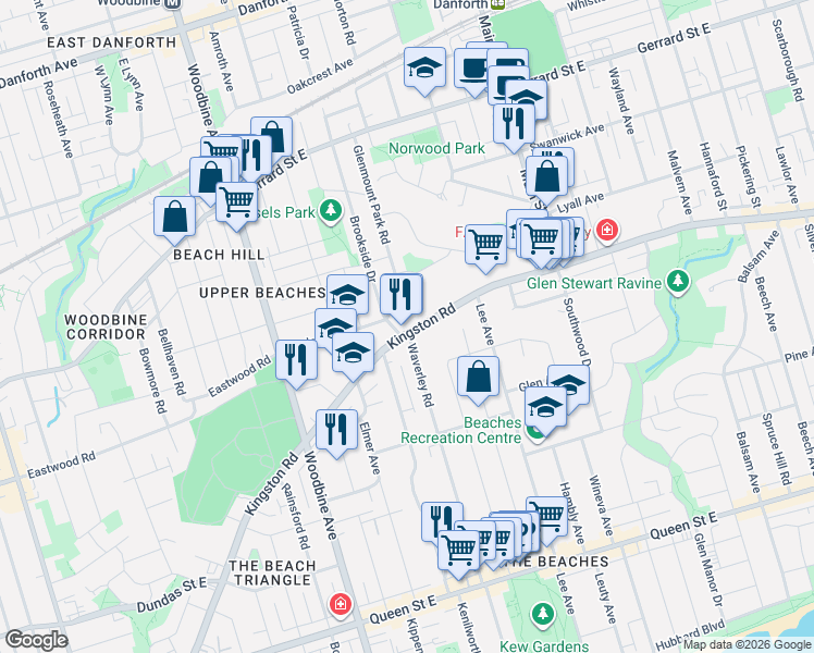 map of restaurants, bars, coffee shops, grocery stores, and more near in Toronto