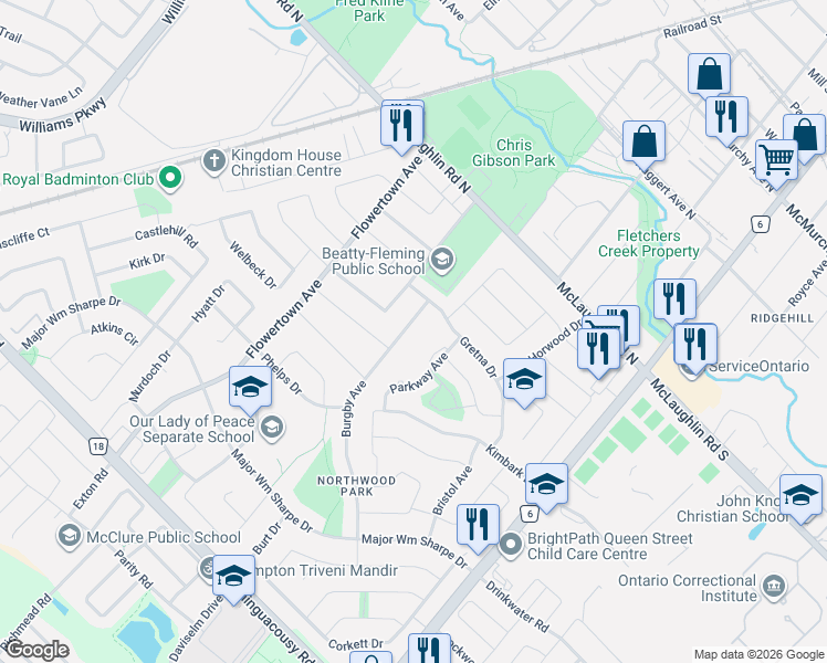 map of restaurants, bars, coffee shops, grocery stores, and more near 11 Burgby Avenue in Brampton