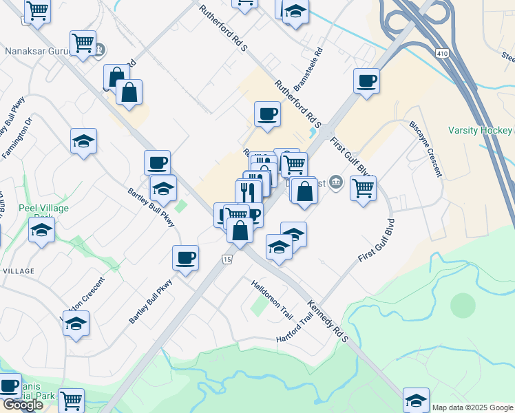 map of restaurants, bars, coffee shops, grocery stores, and more near 80 Resolution Drive in Brampton