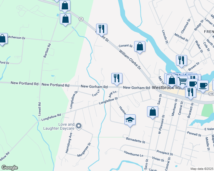 map of restaurants, bars, coffee shops, grocery stores, and more near 137 New Gorham Road in Westbrook