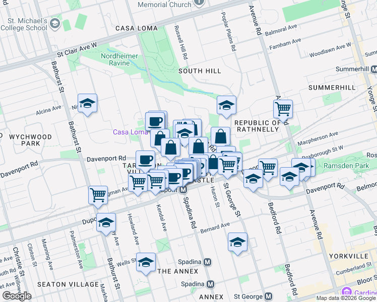 map of restaurants, bars, coffee shops, grocery stores, and more near 381 Madison Avenue in Toronto