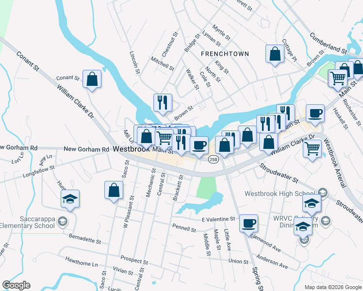 map of restaurants, bars, coffee shops, grocery stores, and more near 11 Bridge Street in Westbrook