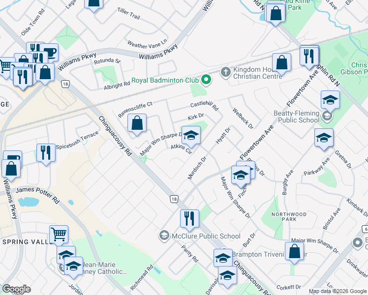 map of restaurants, bars, coffee shops, grocery stores, and more near Atkins Circle in Brampton
