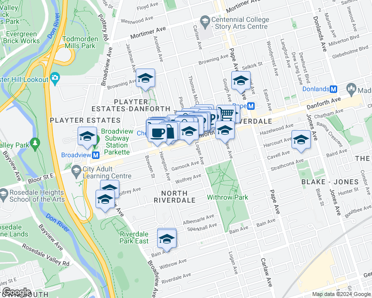 map of restaurants, bars, coffee shops, grocery stores, and more near 816 Logan Avenue in Toronto