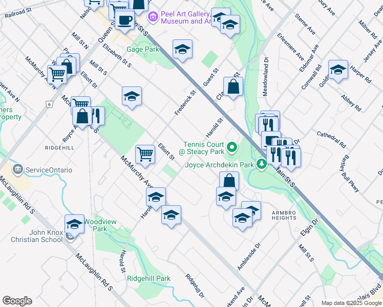 map of restaurants, bars, coffee shops, grocery stores, and more near 135 Mill Street South in Brampton