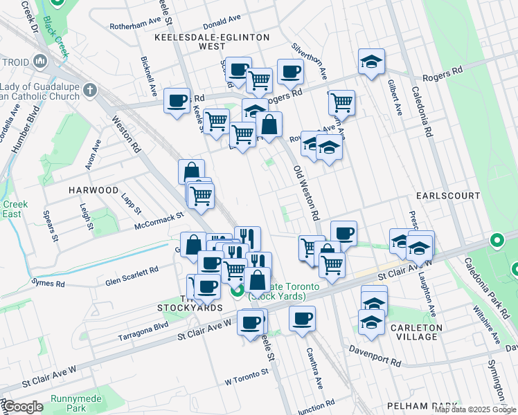 map of restaurants, bars, coffee shops, grocery stores, and more near in Toronto