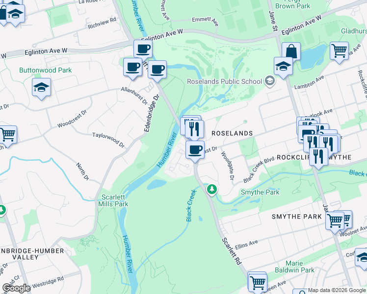 map of restaurants, bars, coffee shops, grocery stores, and more near 270 Scarlett Road in Toronto