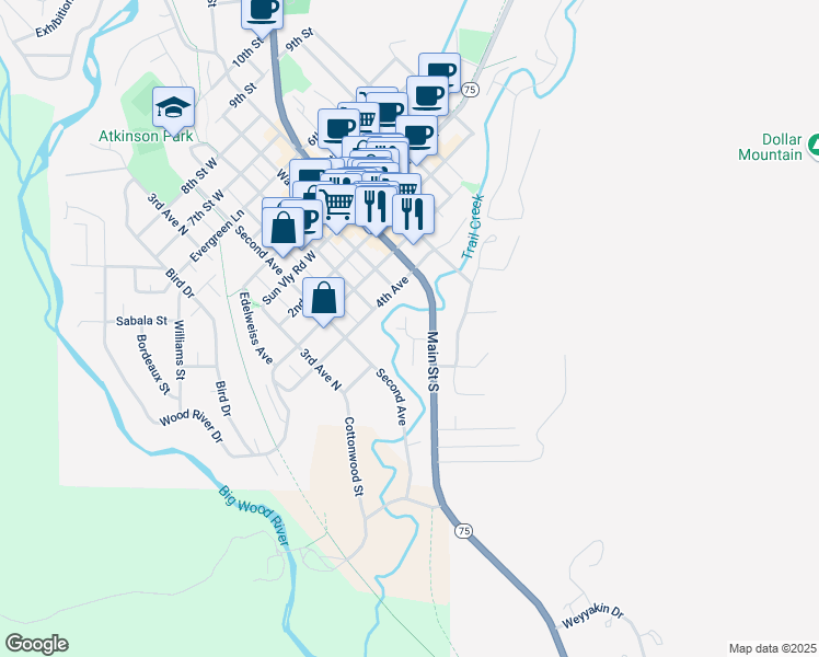 map of restaurants, bars, coffee shops, grocery stores, and more near 311 Main Street South in Ketchum