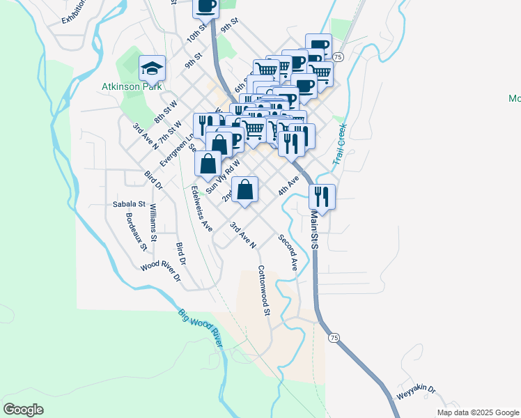 map of restaurants, bars, coffee shops, grocery stores, and more near 220 2nd Avenue South in Ketchum