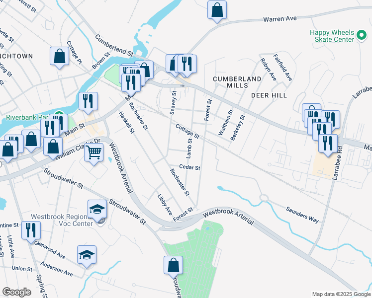 map of restaurants, bars, coffee shops, grocery stores, and more near 108 Lamb Street in Westbrook