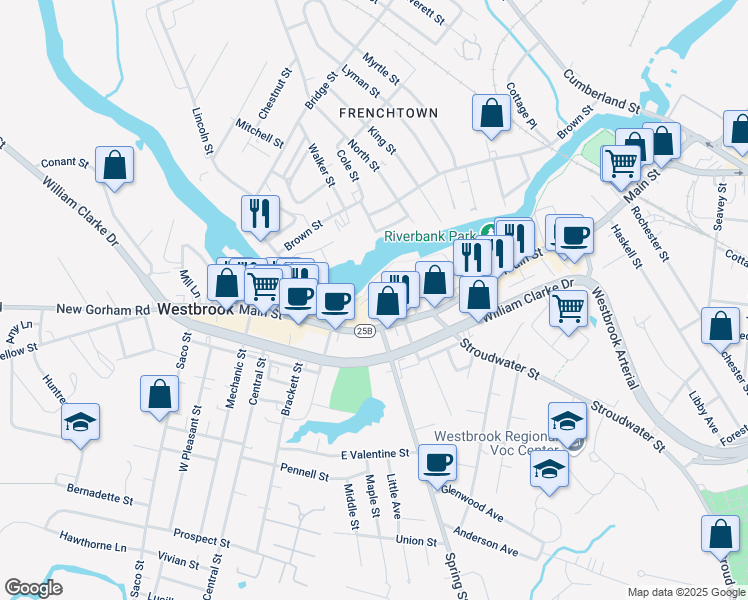 map of restaurants, bars, coffee shops, grocery stores, and more near 19 Ash Street in Westbrook
