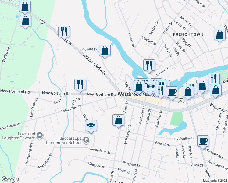 map of restaurants, bars, coffee shops, grocery stores, and more near 21 New Gorham Road in Westbrook