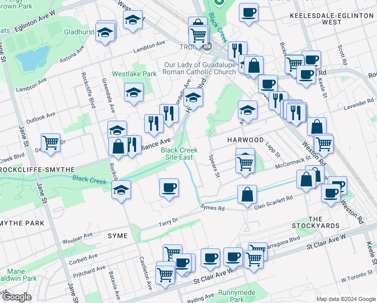 map of restaurants, bars, coffee shops, grocery stores, and more near in Toronto