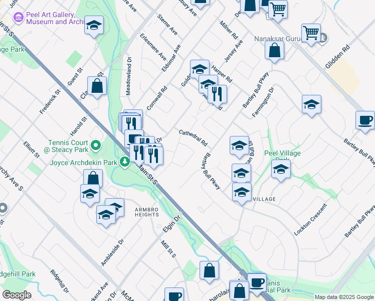 map of restaurants, bars, coffee shops, grocery stores, and more near 12 Core Crescent in Brampton