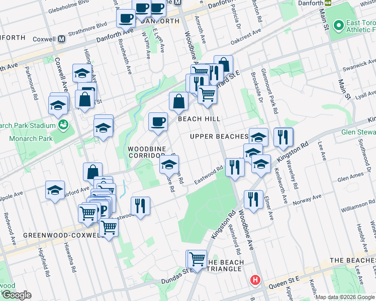 map of restaurants, bars, coffee shops, grocery stores, and more near 69 Normandy Boulevard in Toronto