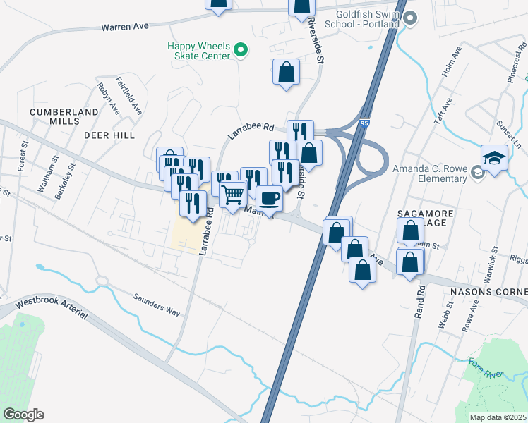 map of restaurants, bars, coffee shops, grocery stores, and more near 17 Main Street in Westbrook