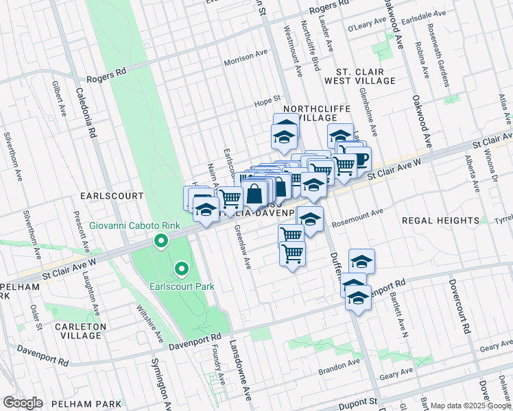 map of restaurants, bars, coffee shops, grocery stores, and more near 1268 Saint Clair Avenue West in Toronto