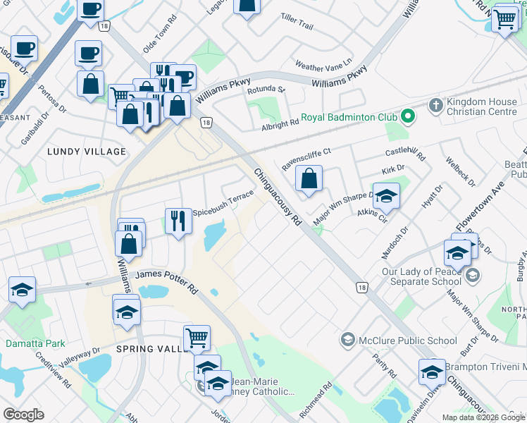 map of restaurants, bars, coffee shops, grocery stores, and more near 46 Eastman Drive in Brampton