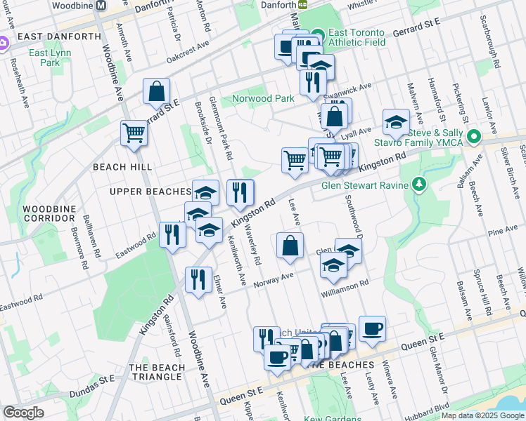 map of restaurants, bars, coffee shops, grocery stores, and more near 501 Kingston Road in Toronto