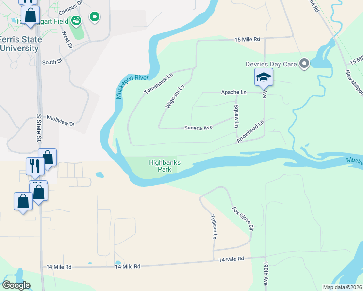 map of restaurants, bars, coffee shops, grocery stores, and more near 19445 Ottawa Lane in Big Rapids