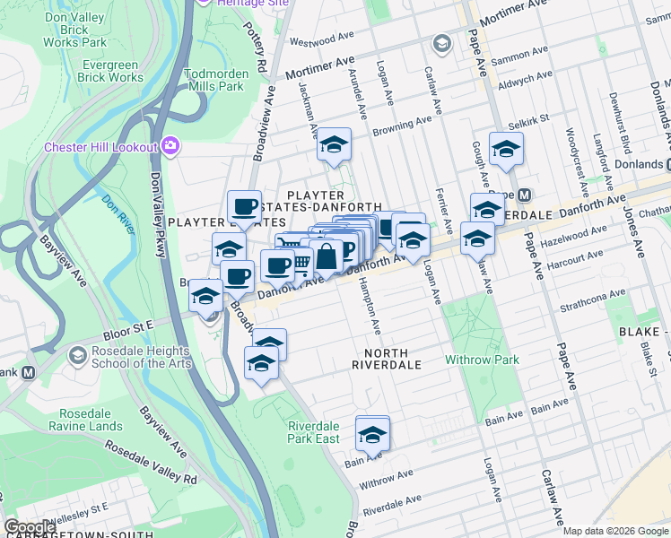 map of restaurants, bars, coffee shops, grocery stores, and more near 304B Danforth Avenue in Toronto