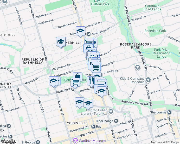 map of restaurants, bars, coffee shops, grocery stores, and more near 10 Gibson Avenue in Toronto