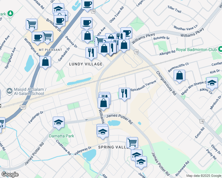 map of restaurants, bars, coffee shops, grocery stores, and more near 31 Tanasi Road in Brampton