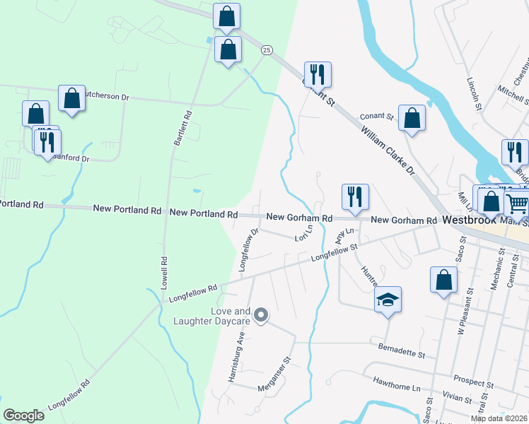 map of restaurants, bars, coffee shops, grocery stores, and more near 223 New Gorham Road in Westbrook