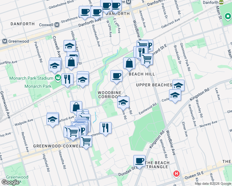 map of restaurants, bars, coffee shops, grocery stores, and more near 110 Bowmore Road in Toronto