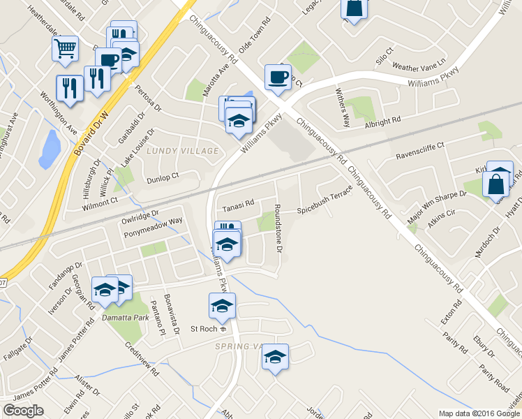 map of restaurants, bars, coffee shops, grocery stores, and more near 48 Sugarberry Drive in Brampton