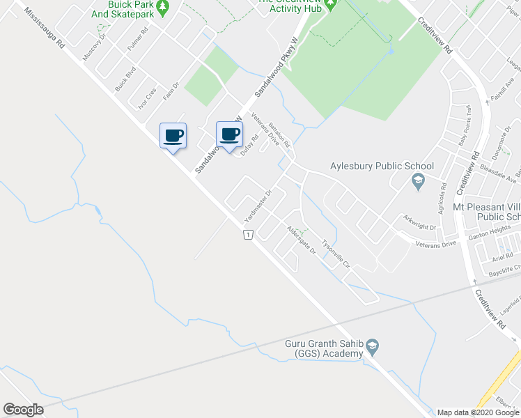 map of restaurants, bars, coffee shops, grocery stores, and more near 17 Yardmaster Drive in Brampton