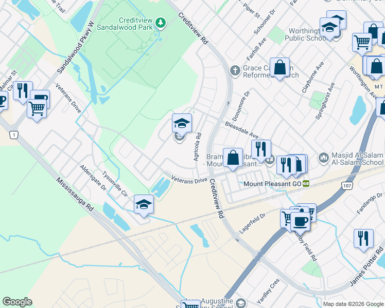 map of restaurants, bars, coffee shops, grocery stores, and more near 32 Agricola Road in Brampton