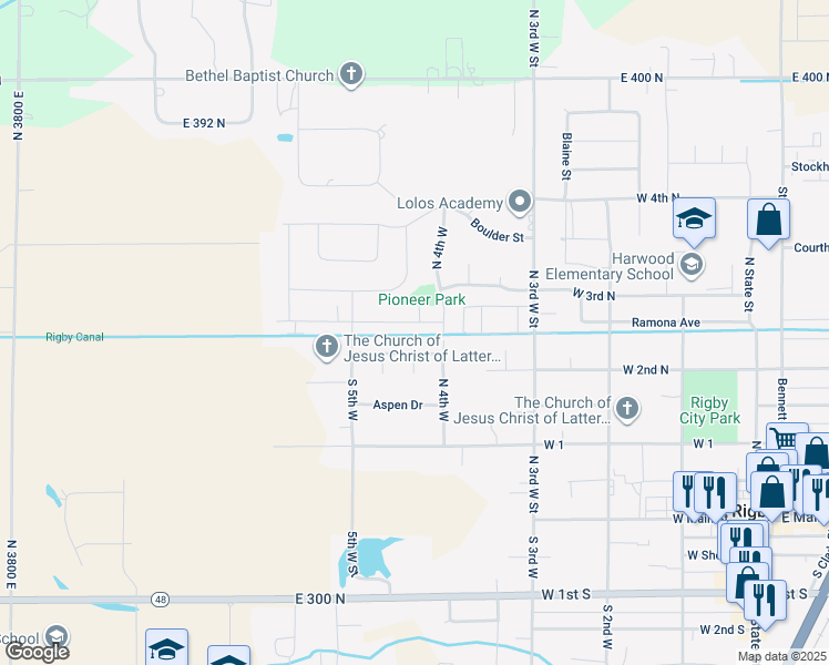 map of restaurants, bars, coffee shops, grocery stores, and more near 553 Foxhill in Rigby