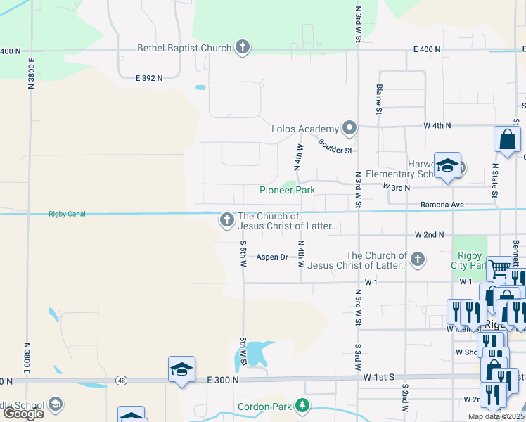map of restaurants, bars, coffee shops, grocery stores, and more near 596 Foxhill Drive in Rigby