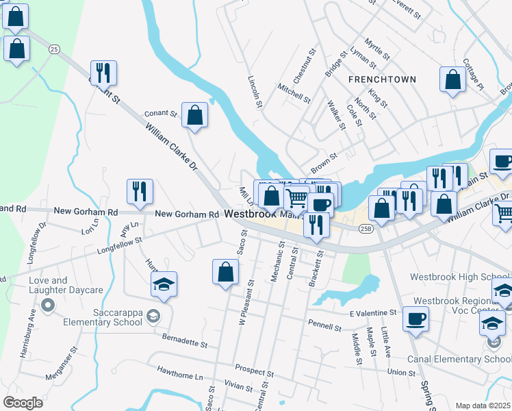 map of restaurants, bars, coffee shops, grocery stores, and more near in Westbrook