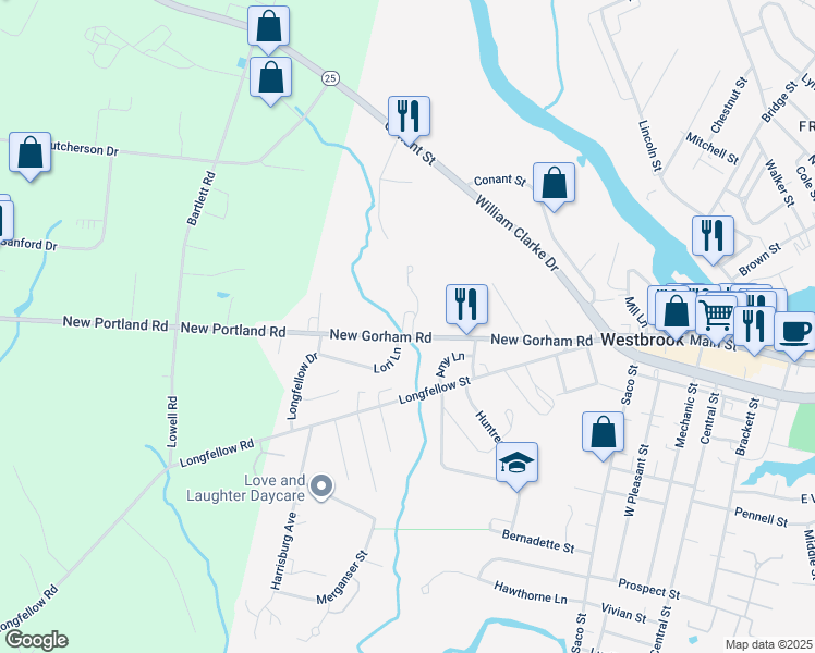 map of restaurants, bars, coffee shops, grocery stores, and more near 137 New Gorham Road in Westbrook