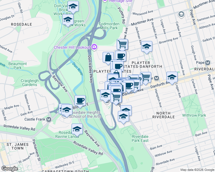 map of restaurants, bars, coffee shops, grocery stores, and more near 57 Cambridge Avenue in Toronto
