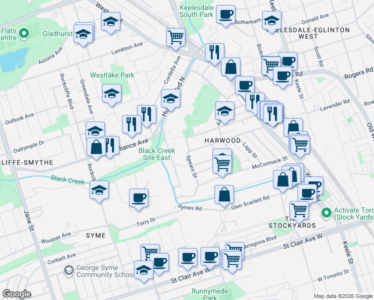 map of restaurants, bars, coffee shops, grocery stores, and more near 128 Spears Street in Toronto