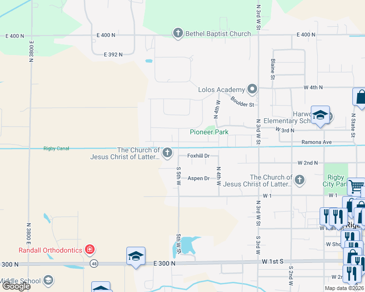 map of restaurants, bars, coffee shops, grocery stores, and more near 593 Caribou Street in Rigby