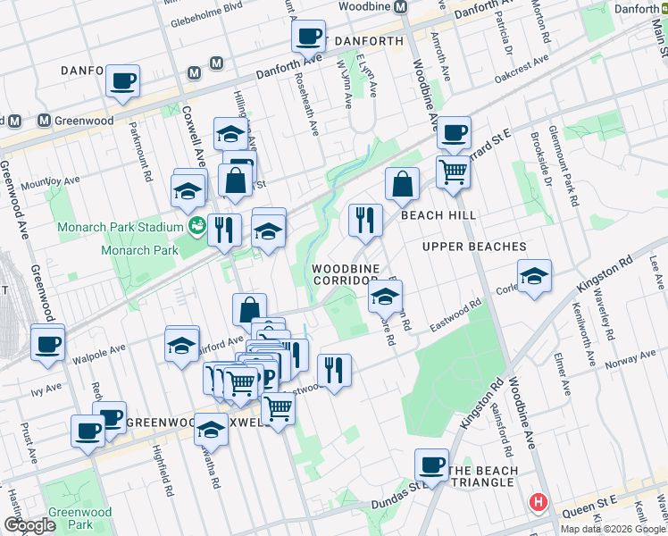 map of restaurants, bars, coffee shops, grocery stores, and more near in Toronto